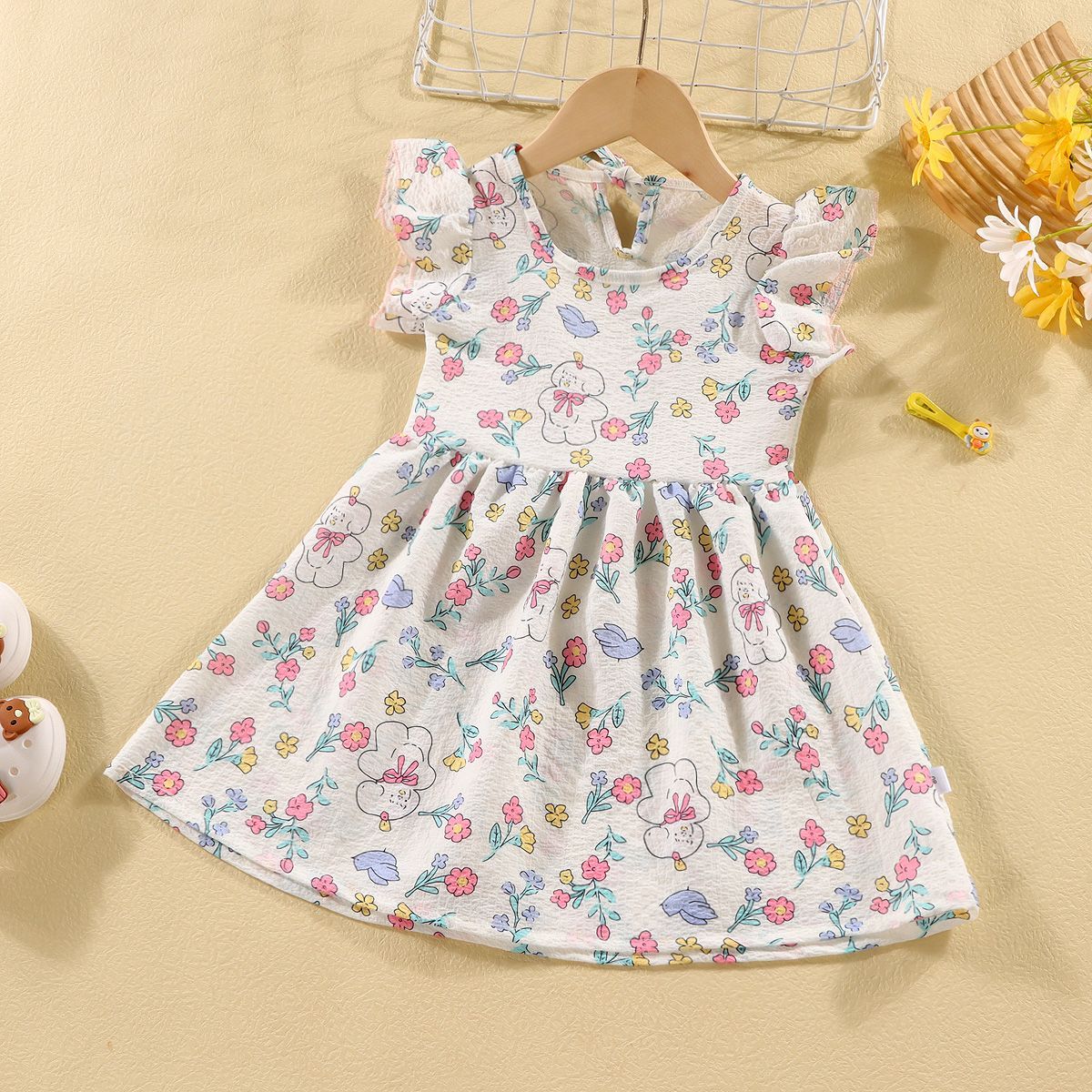 Girl casual cartoon t-shirt skirt princess skirt short-sleeved girl dress elegant pleated bow Baby dress
