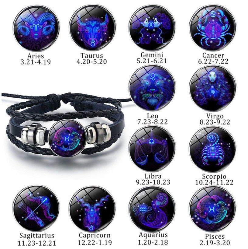 12 Constellation Zodiac Sign Charm Luminous Bracelets Men Women Vintage Multilayer Wrap Leather Bracelet & Bangle Birthday Gift