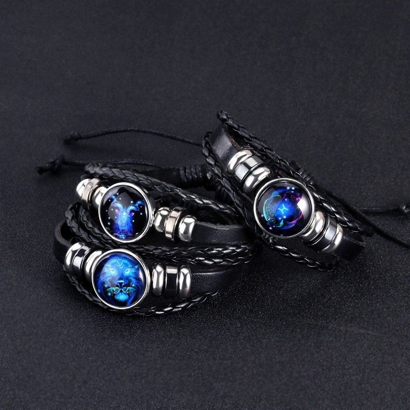 12 Constellation Zodiac Sign Charm Luminous Bracelets Men Women Vintage Multilayer Wrap Leather Bracelet & Bangle Birthday Gift
