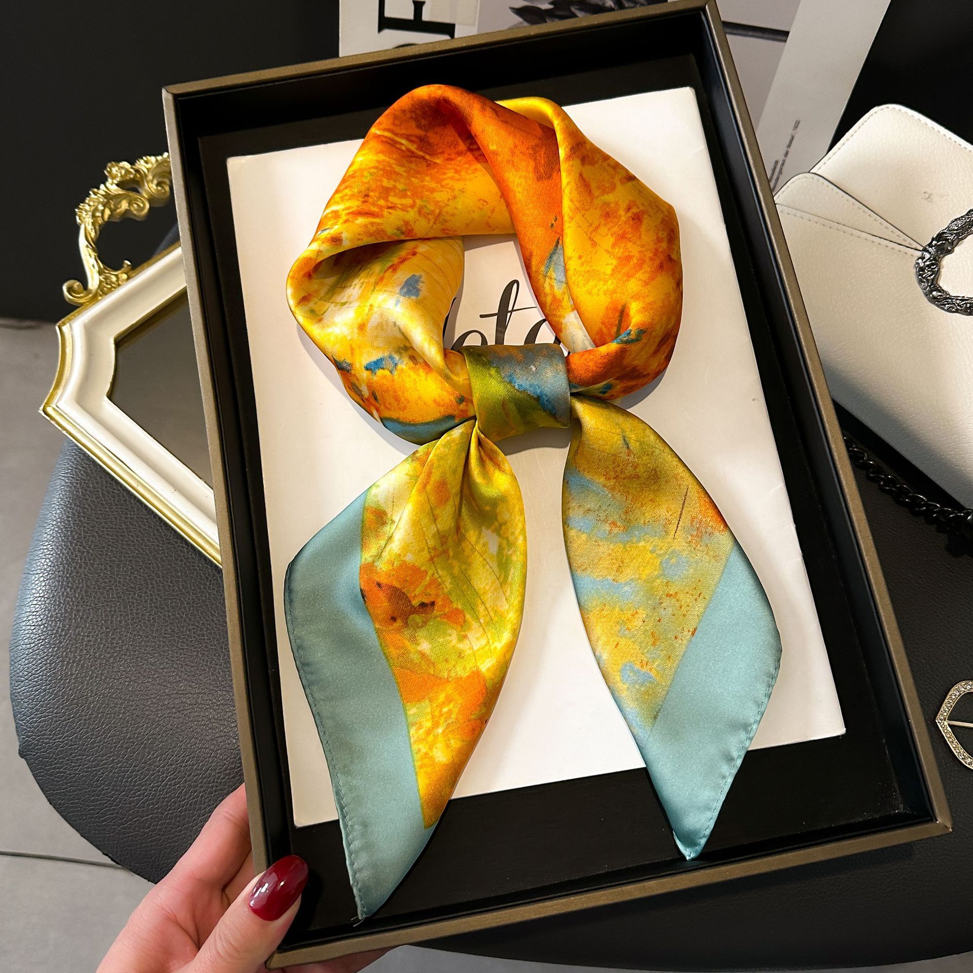 Silk Head Scarf Women Luxury Fashion Hair Scarve Summer Foulard Femme Satin Shawl Kerchief 90cm Square Headscarf Bandana Cheveux