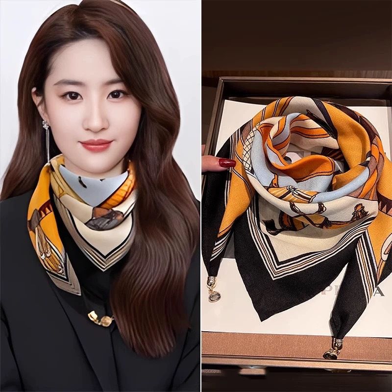 2024 New Warm Square Scarf Magnetic Buckle Triangle Silk Scarf Cotton Scarf Women's Spring Autumn/Winter Western Style Scarf
Versatile temperament