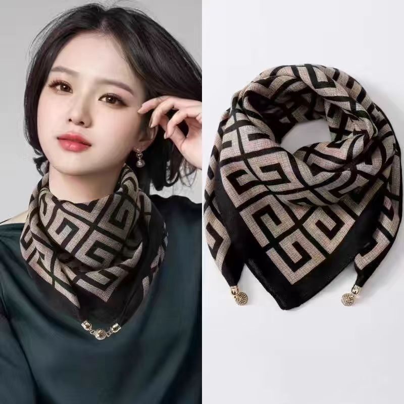 2024 New Warm Square Scarf Magnetic Buckle Triangle Silk Scarf Cotton Scarf Women's Spring Autumn/Winter Western Style Scarf
Versatile temperament