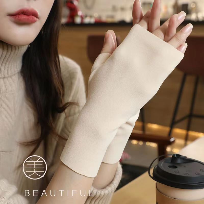 Warm gloves for women in winter, self heating German velvet half finger touch screen with velvet exposed finger gloves