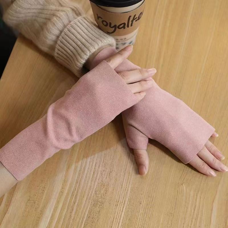 Warm gloves for women in winter, self heating German velvet half finger touch screen with velvet exposed finger gloves