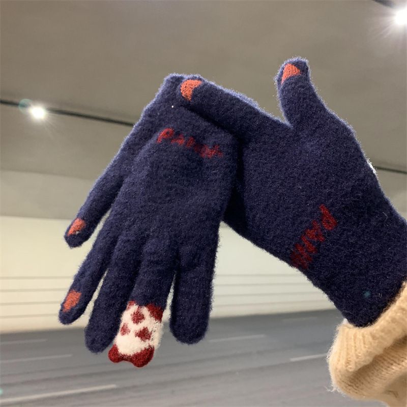 Gloves for autumn and winter, cute women riding, warm and thick, cold resistant, student knitted yarn, touch screen cotton gloves