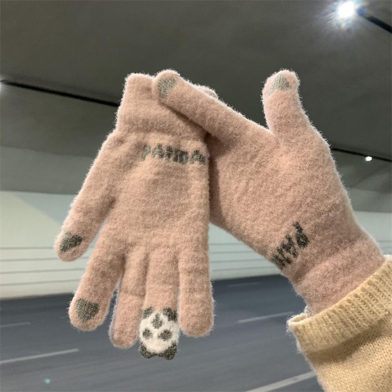 Gloves for autumn and winter, cute women riding, warm and thick, cold resistant, student knitted yarn, touch screen cotton gloves