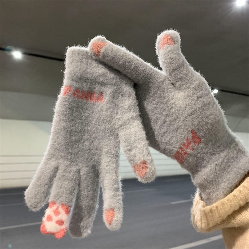 Gloves for autumn and winter, cute women riding, warm and thick, cold resistant, student knitted yarn, touch screen cotton gloves