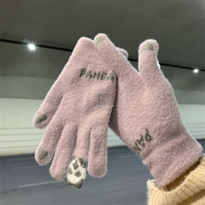 Gloves for autumn and winter, cute women riding, warm and thick, cold resistant, student knitted yarn, touch screen cotton gloves