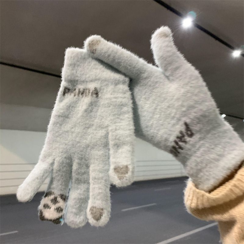 Gloves for autumn and winter, cute women riding, warm and thick, cold resistant, student knitted yarn, touch screen cotton gloves