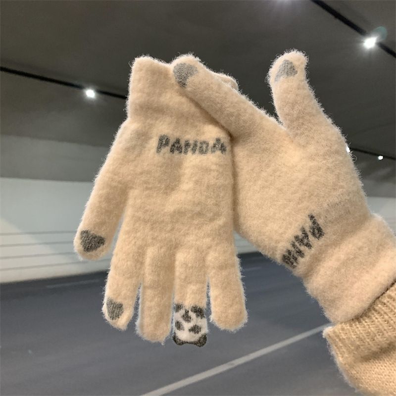 Gloves for autumn and winter, cute women riding, warm and thick, cold resistant, student knitted yarn, touch screen cotton gloves
