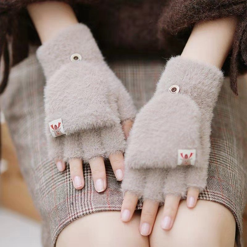 New plush winter half finger flip cover warm and thickened factory leak finger imitation mink fur knitted student writing gloves