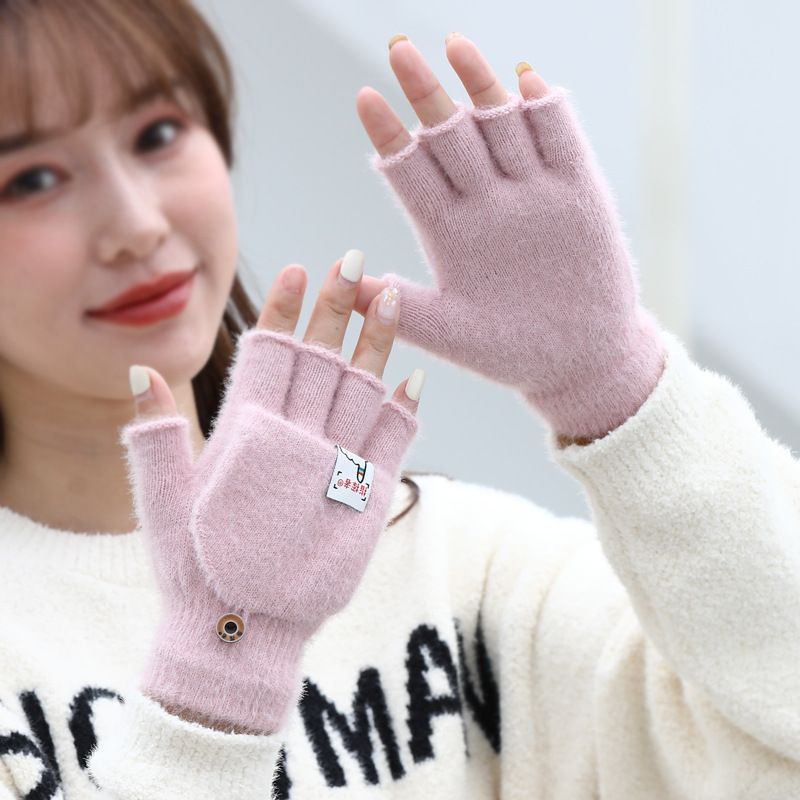 New plush winter half finger flip cover warm and thickened factory leak finger imitation mink fur knitted student writing gloves