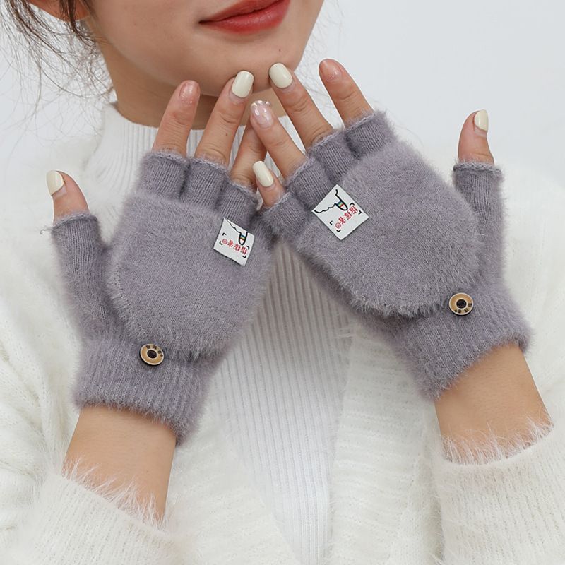 New plush winter half finger flip cover warm and thickened factory leak finger imitation mink fur knitted student writing gloves
