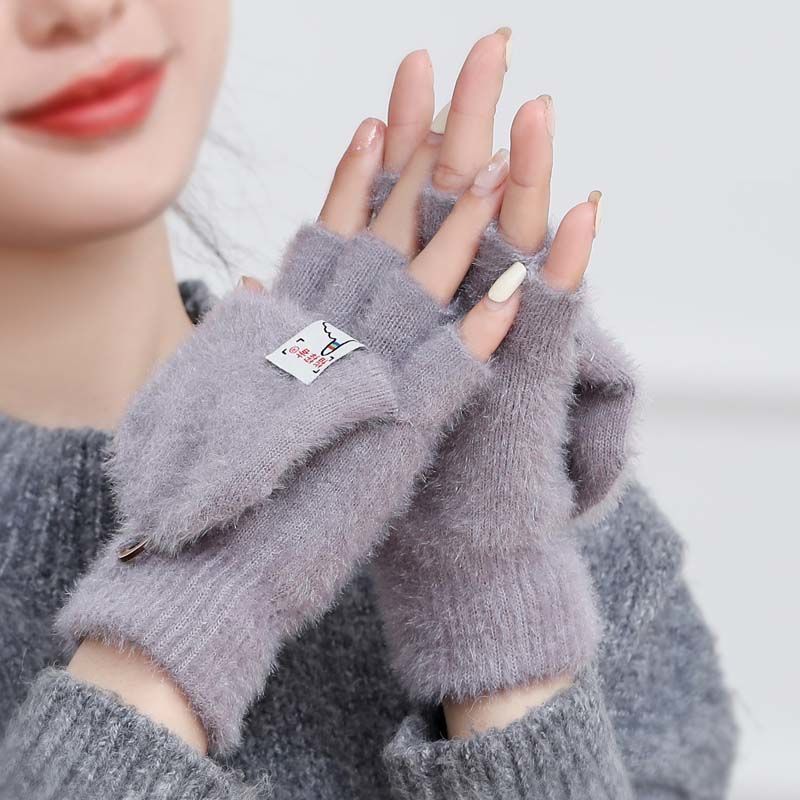 New plush winter half finger flip cover warm and thickened factory leak finger imitation mink fur knitted student writing gloves