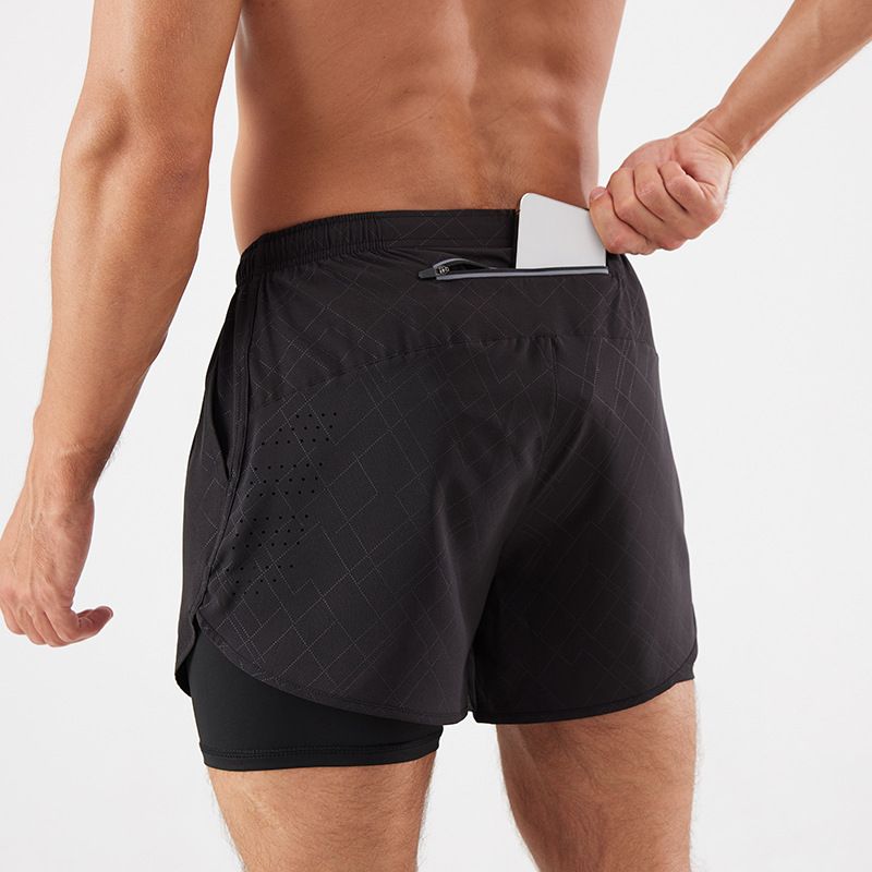 Sports shorts for men and women, quick drying, breathable, double-layer anti glare, fake two-piece training, three piece shorts, fitness running shorts
