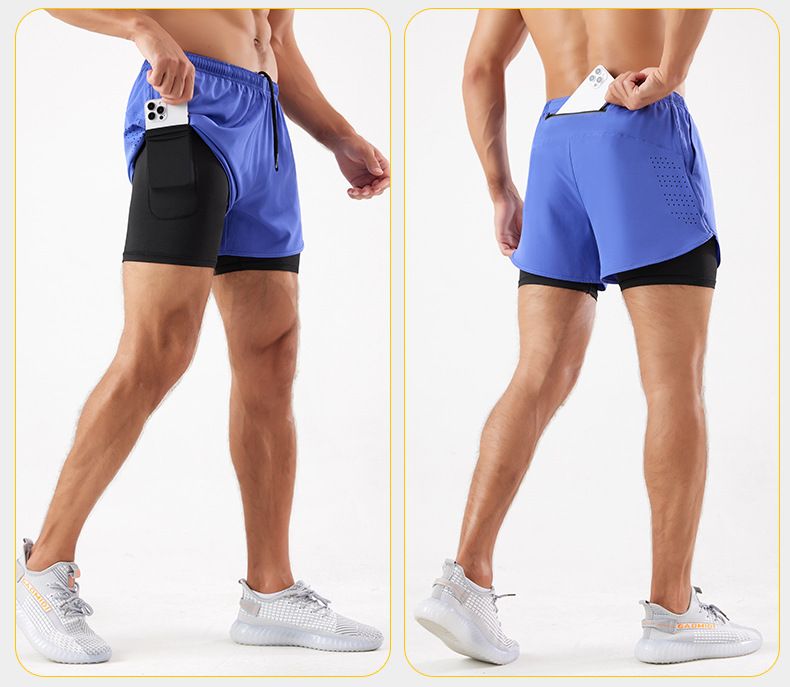 Sports shorts for men and women, quick drying, breathable, double-layer anti glare, fake two-piece training, three piece shorts, fitness running shorts