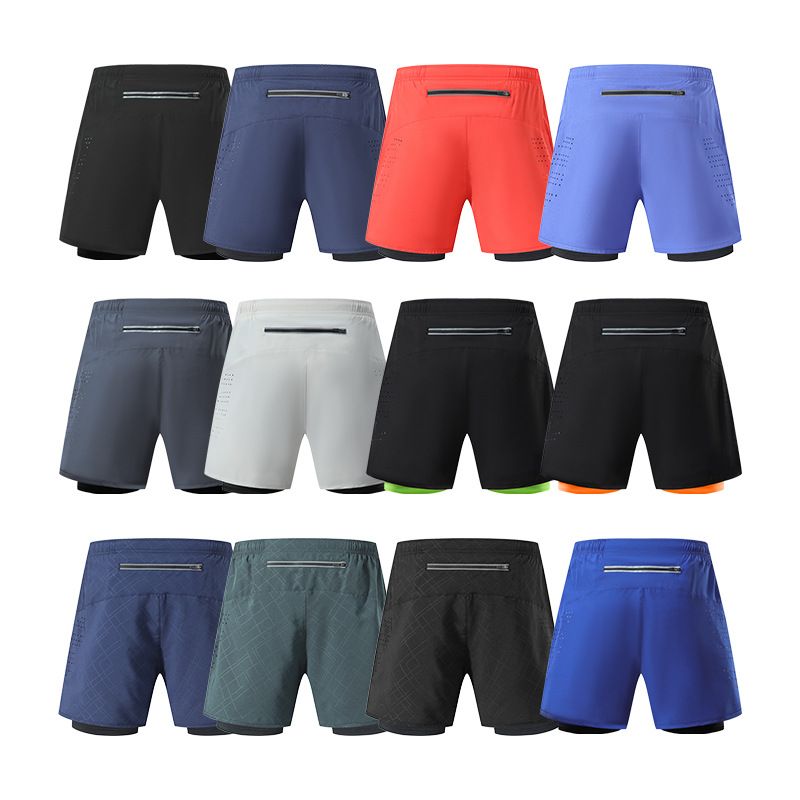 Sports shorts for men and women, quick drying, breathable, double-layer anti glare, fake two-piece training, three piece shorts, fitness running shorts