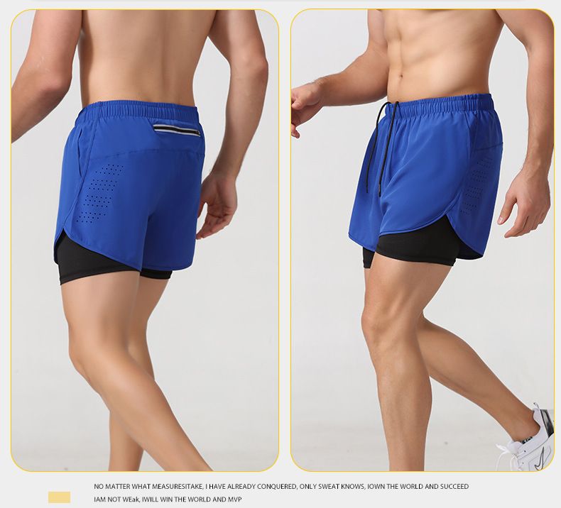Sports shorts for men and women, quick drying, breathable, double-layer anti glare, fake two-piece training, three piece shorts, fitness running shorts