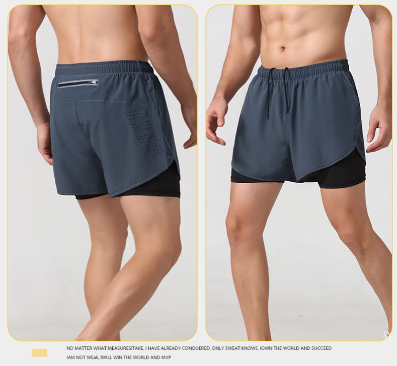 Sports shorts for men and women, quick drying, breathable, double-layer anti glare, fake two-piece training, three piece shorts, fitness running shorts