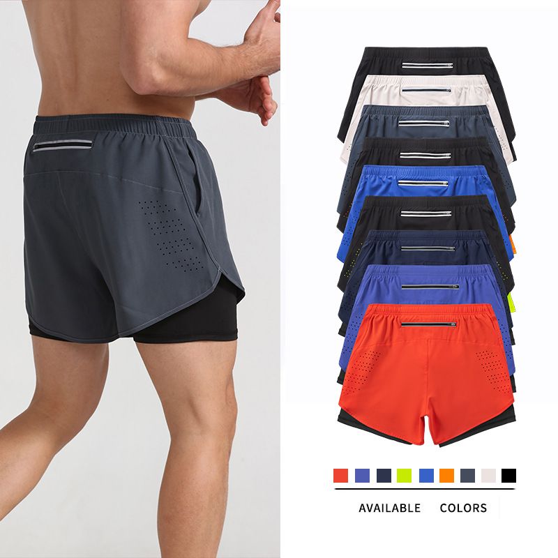 Sports shorts for men and women, quick drying, breathable, double-layer anti glare, fake two-piece training, three piece shorts, fitness running shorts