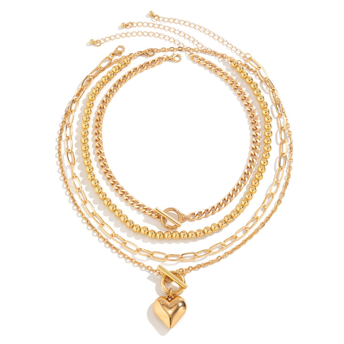 Hip hop bead necklaces women's set geometric OT buckle short metal heart necklace