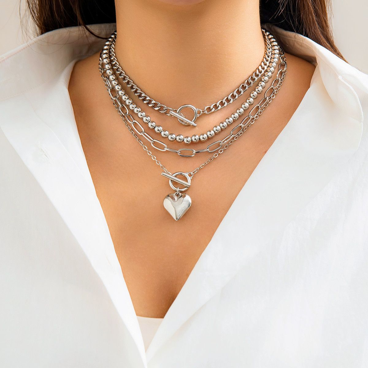 Hip hop bead necklaces women's set geometric OT buckle short metal heart necklace