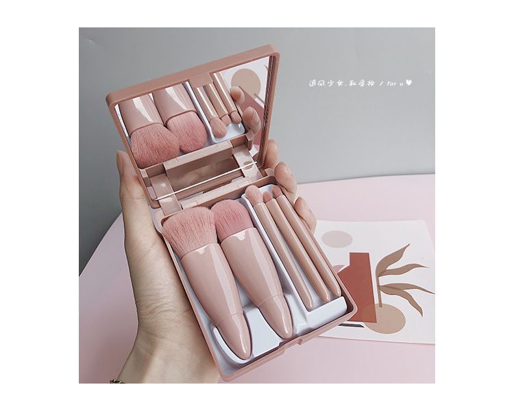 5 pieces portable makeup brush travel suit with mirror mini multi-function powder brush foundation make-up brush eye shadow brush