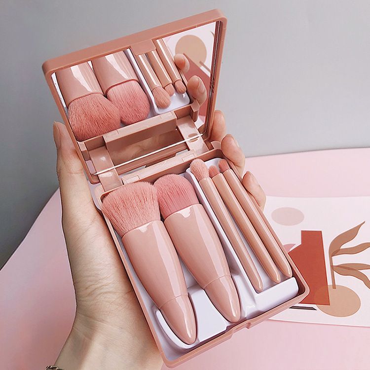 5 pieces portable makeup brush travel suit with mirror mini multi-function powder brush foundation make-up brush eye shadow brush