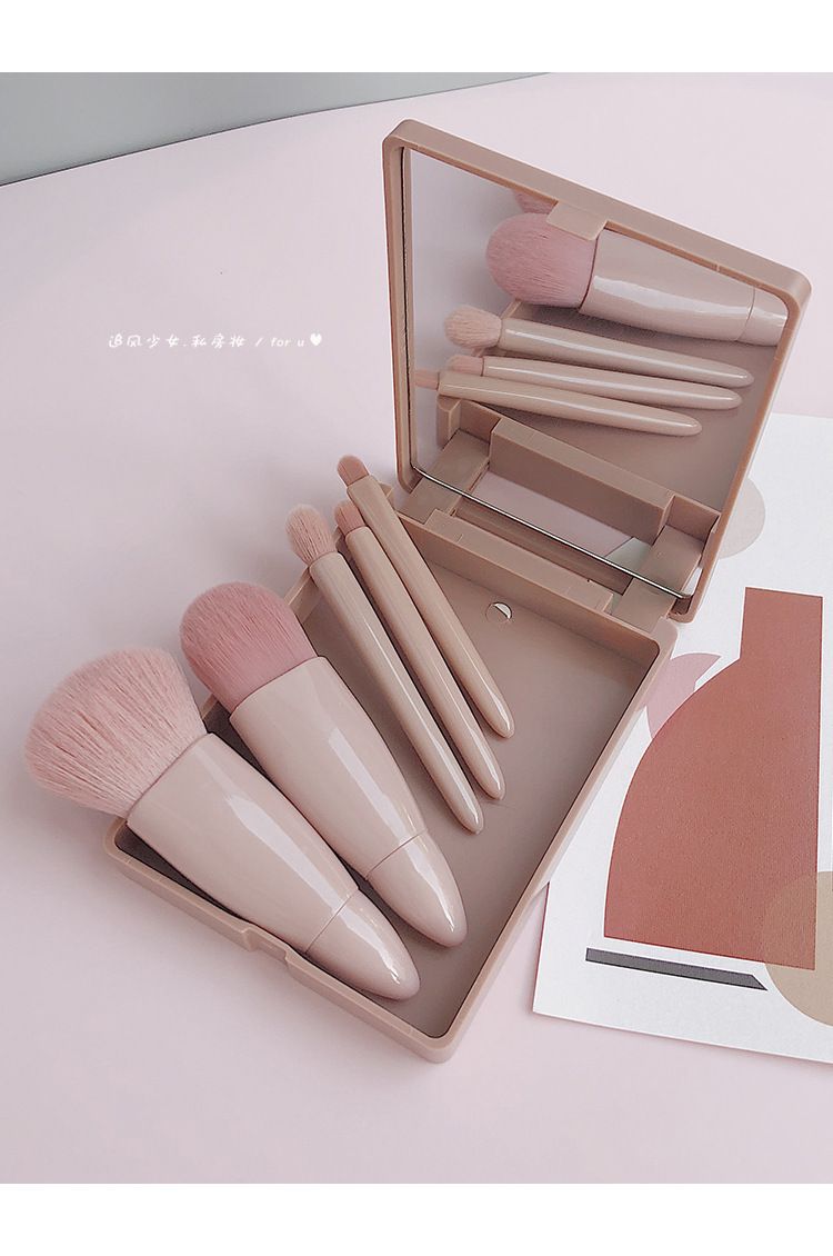 5 pieces portable makeup brush travel suit with mirror mini multi-function powder brush foundation make-up brush eye shadow brush