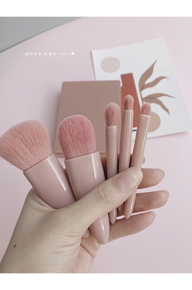 5 pieces portable makeup brush travel suit with mirror mini multi-function powder brush foundation make-up brush eye shadow brush