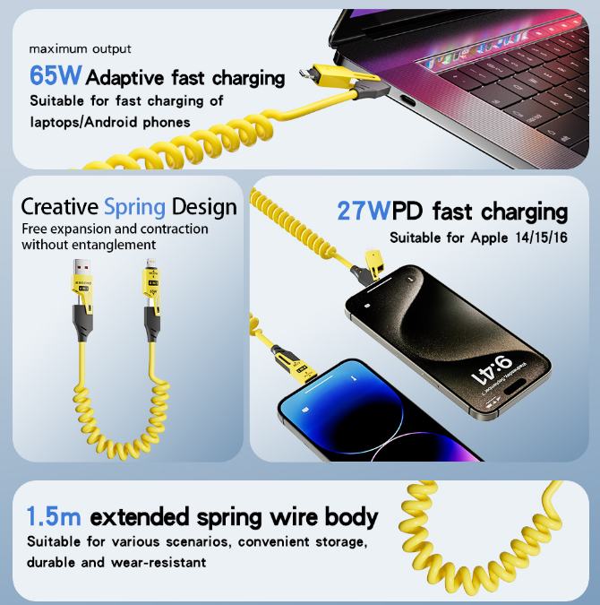 Latest popular product:  65W spring telescopic four in one suitable for Apple iPhone 16 Huawei data cable