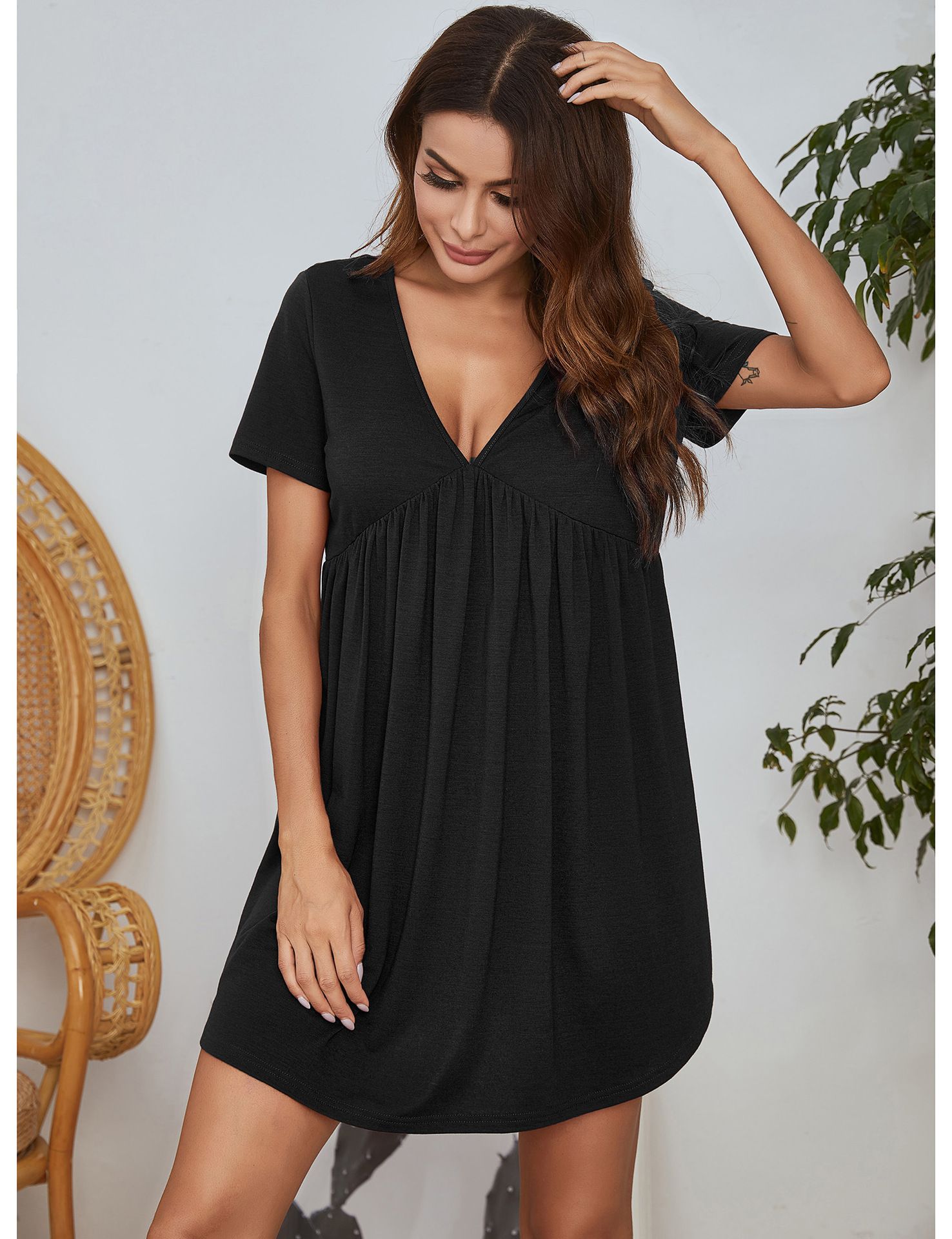 Women's home clothes, pajamas, casual home V-neck short sleeved imitation cotton nightgown