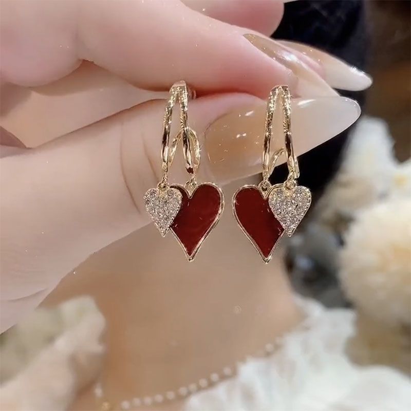Red Love Earrings, Women's Silver Needles, 2025 New Style, Trendy, Simple and Elegant, Autumn and Winter Earrings, Light Luxury, Niche Design Sense