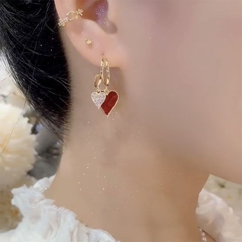 Red Love Earrings, Women's Silver Needles, 2025 New Style, Trendy, Simple and Elegant, Autumn and Winter Earrings, Light Luxury, Niche Design Sense