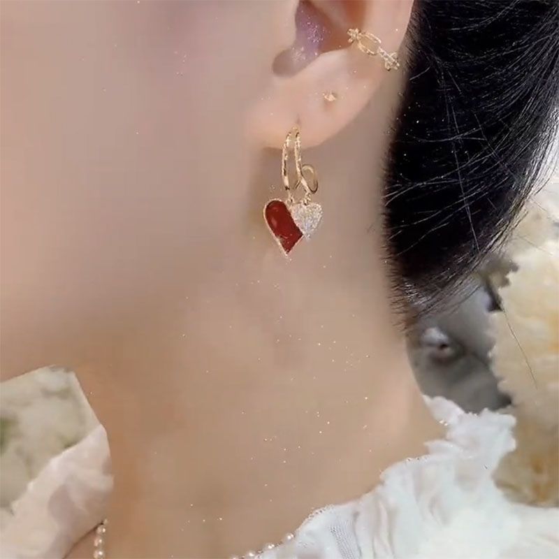 Red Love Earrings, Women's Silver Needles, 2025 New Style, Trendy, Simple and Elegant, Autumn and Winter Earrings, Light Luxury, Niche Design Sense