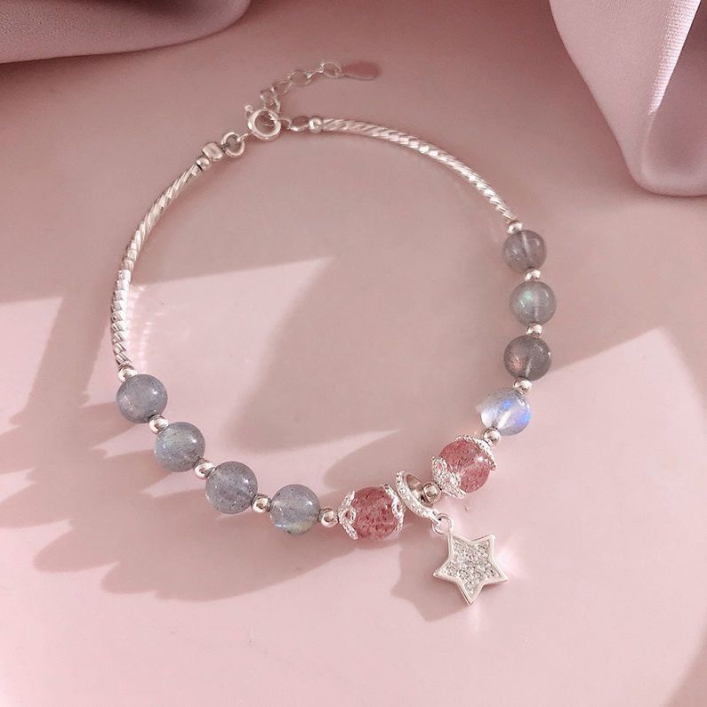 2pcs Moonlight Stone Strawberry Crystal Bracelet Women's Korean Version Simple Personality Pink Bracelet Girlfriend Star Moon Jewelry