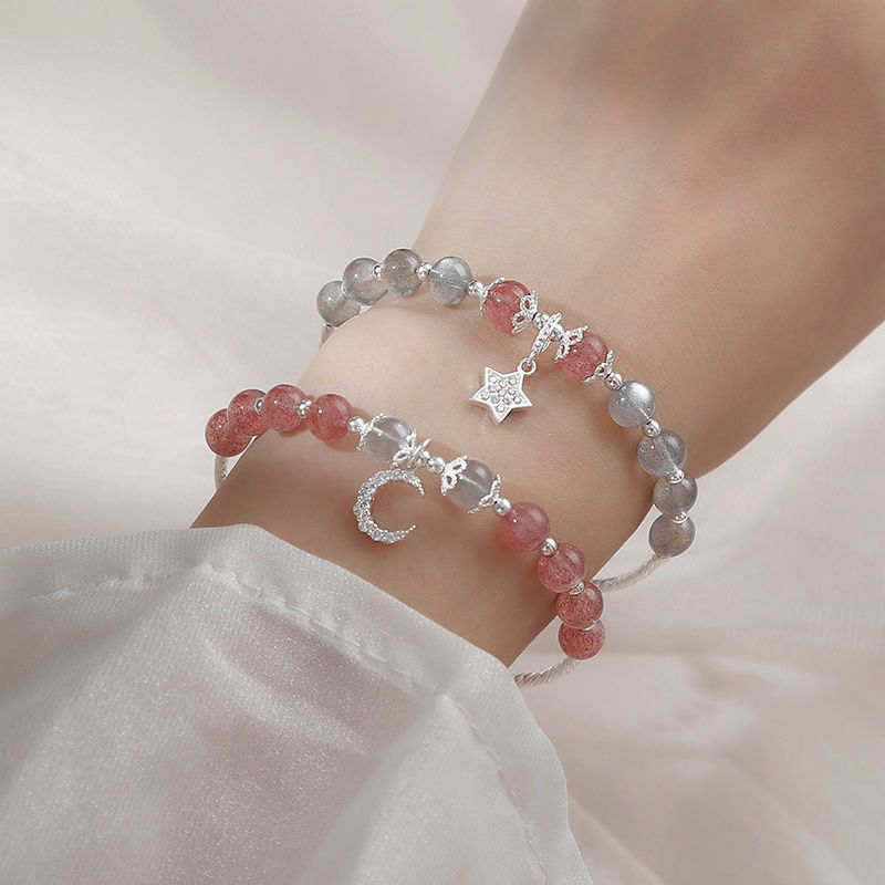2pcs Moonlight Stone Strawberry Crystal Bracelet Women's Korean Version Simple Personality Pink Bracelet Girlfriend Star Moon Jewelry