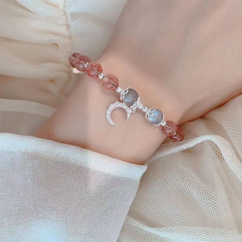 2pcs Moonlight Stone Strawberry Crystal Bracelet Women's Korean Version Simple Personality Pink Bracelet Girlfriend Star Moon Jewelry