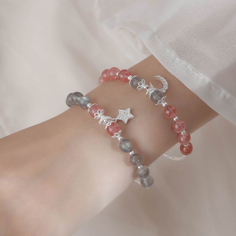 2pcs Moonlight Stone Strawberry Crystal Bracelet Women's Korean Version Simple Personality Pink Bracelet Girlfriend Star Moon Jewelry