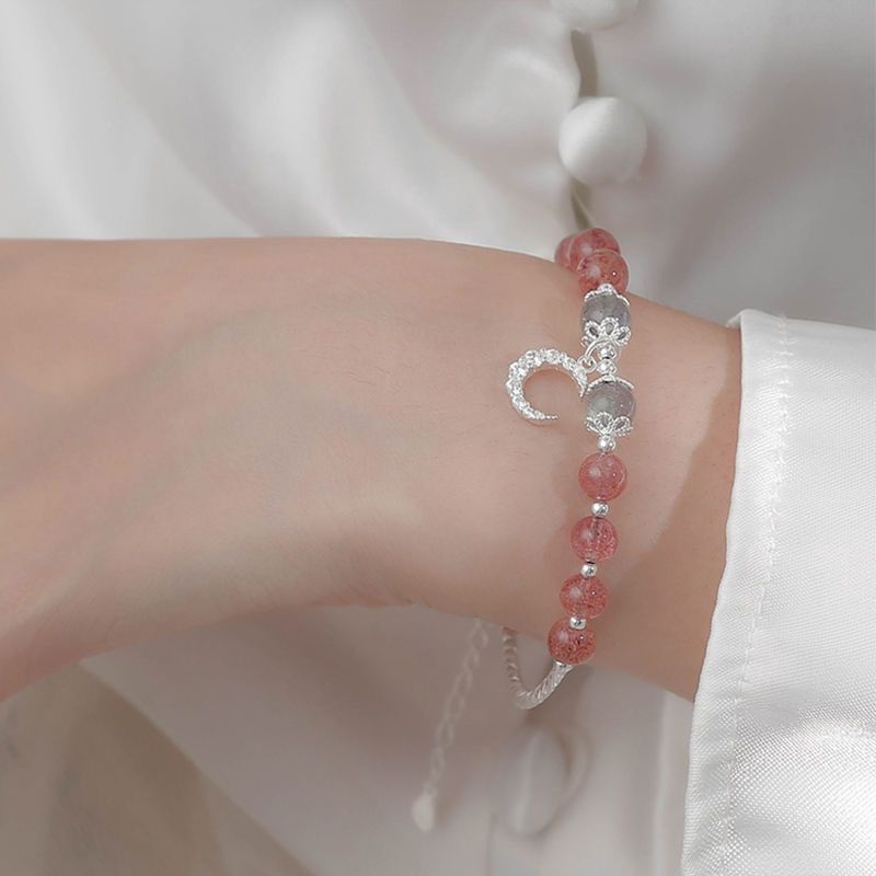 2pcs Moonlight Stone Strawberry Crystal Bracelet Women's Korean Version Simple Personality Pink Bracelet Girlfriend Star Moon Jewelry