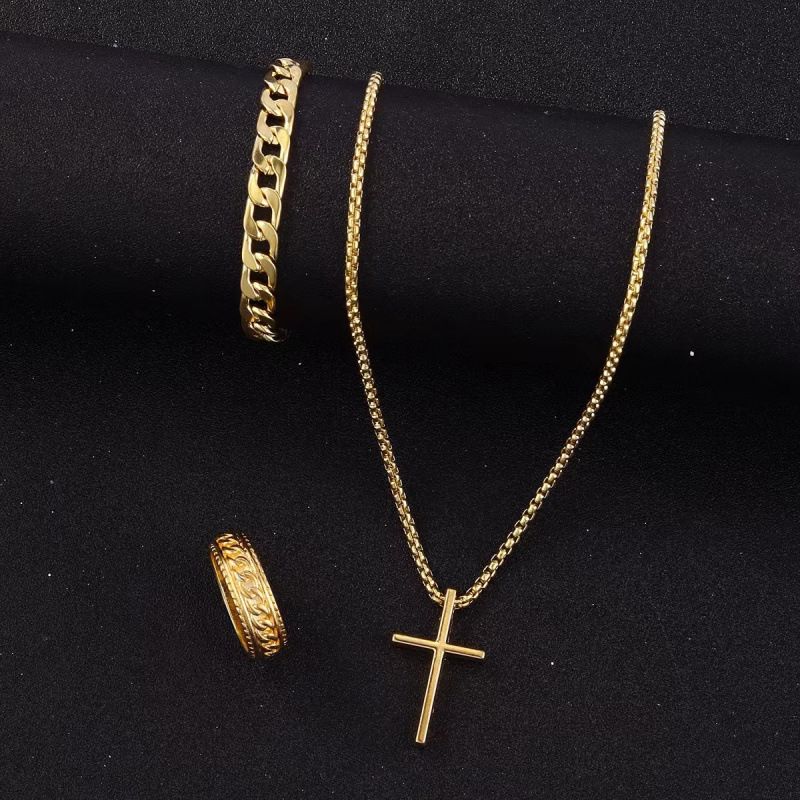 New Cross Jewelry Chain Ring Bracelet Necklace Set 3 Men's Necklace Set
