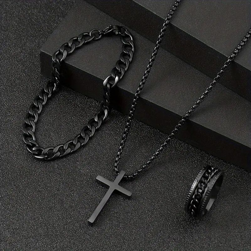 New Cross Jewelry Chain Ring Bracelet Necklace Set 3 Men's Necklace Set