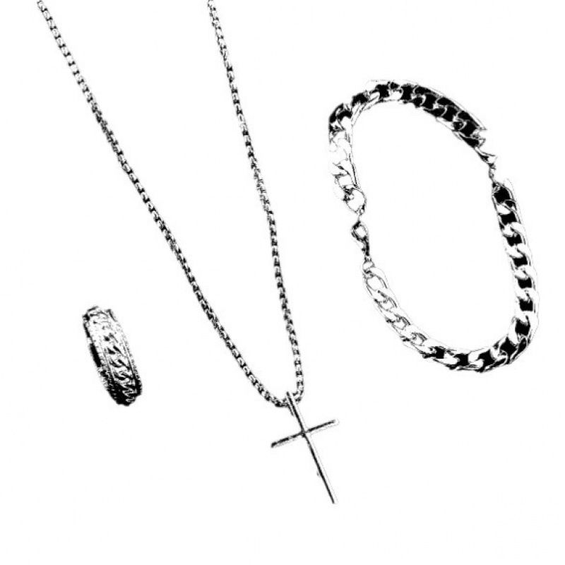 New Cross Jewelry Chain Ring Bracelet Necklace Set 3 Men's Necklace Set