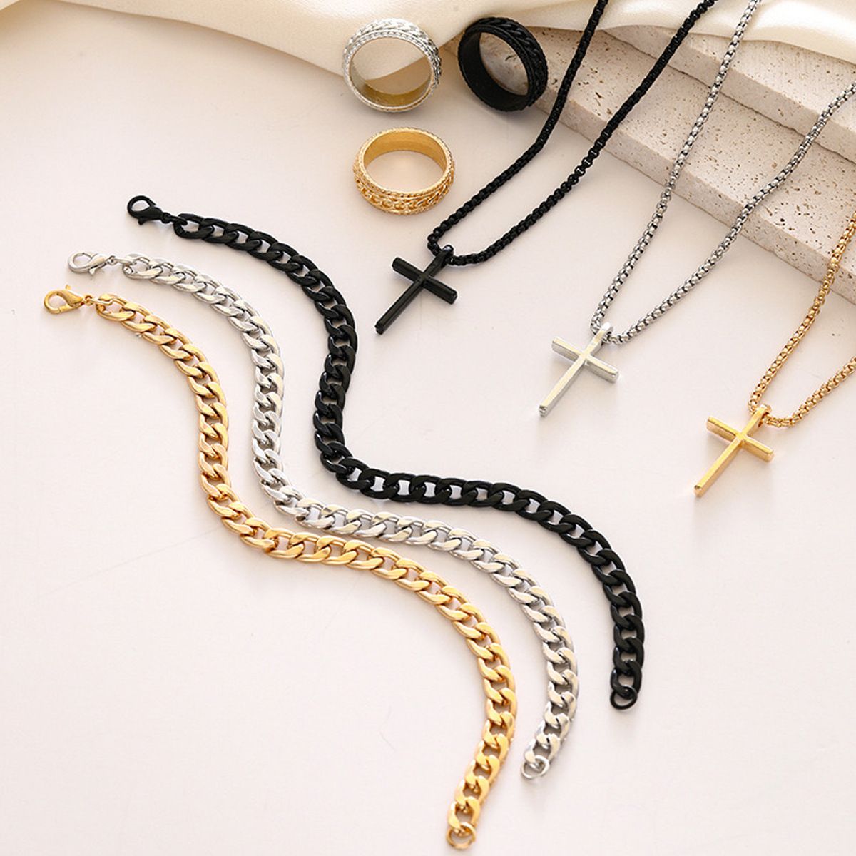 New Cross Jewelry Chain Ring Bracelet Necklace Set 3 Men's Necklace Set