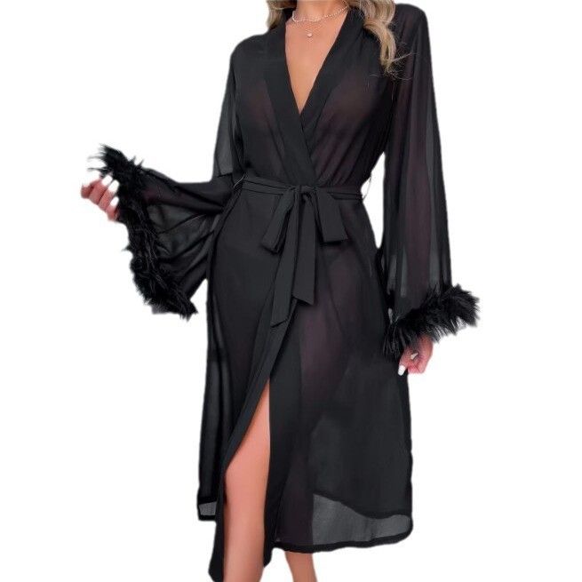 New simulation silk feather long sleeved pajamas and nightgowns with comfortable straps for women's home wear
