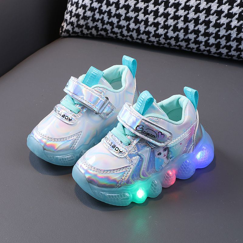 Light up girls' leather sports shoes with anti slip soft sole, cartoon princess shoes for little girls, soft sole anti slip