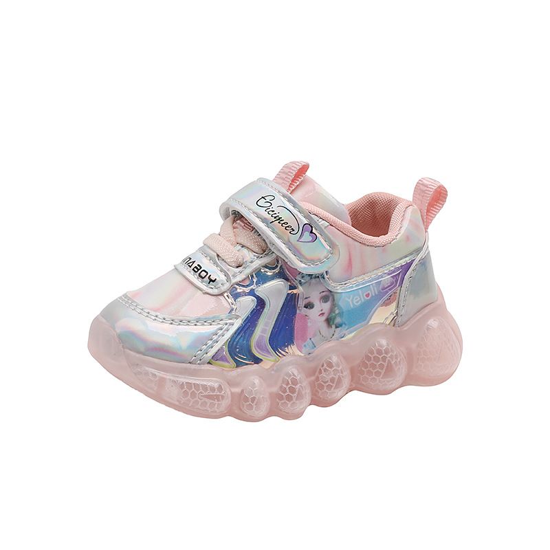 Light up girls' leather sports shoes with anti slip soft sole, cartoon princess shoes for little girls, soft sole anti slip
