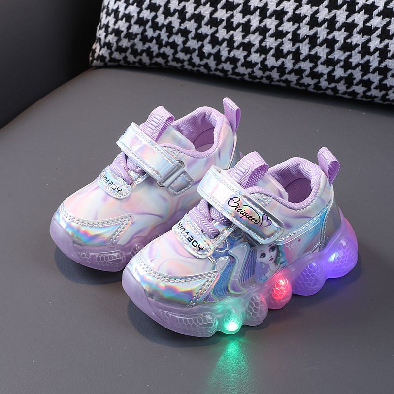 Light up girls' leather sports shoes with anti slip soft sole, cartoon princess shoes for little girls, soft sole anti slip