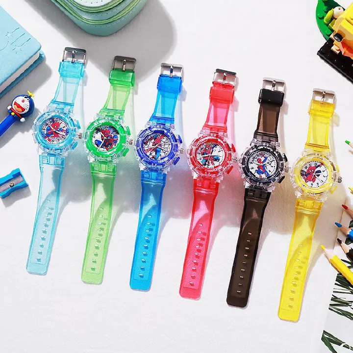 Children's Night Light Spider Man Cartoon Luminous Electronic Watch Boys' LED Colorful Flash Quartz Watch