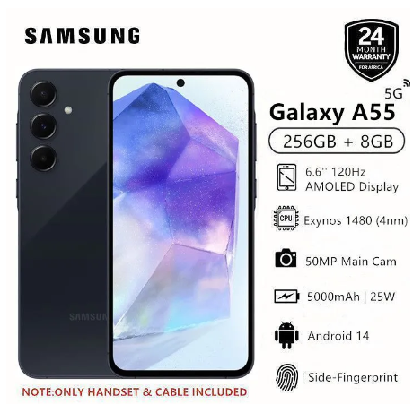 New Arrival Samsung Galaxy A55 5G 256GB+8GB 120Hz 6.6" AMOLED 50MP Triple Camera IP67 Waterproof Android 14 5000mAh 25W Type-C Smart Phones Under-Display Fingerprint Unlock